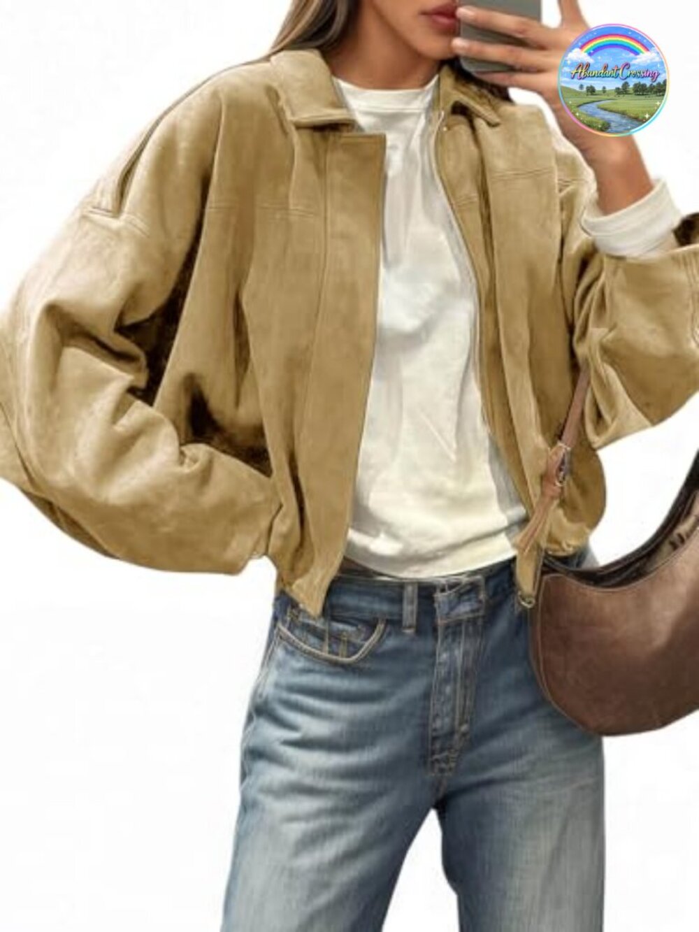 Faux Suede Bomber Jacket Oversized Cropped Zip Up Casual Coat